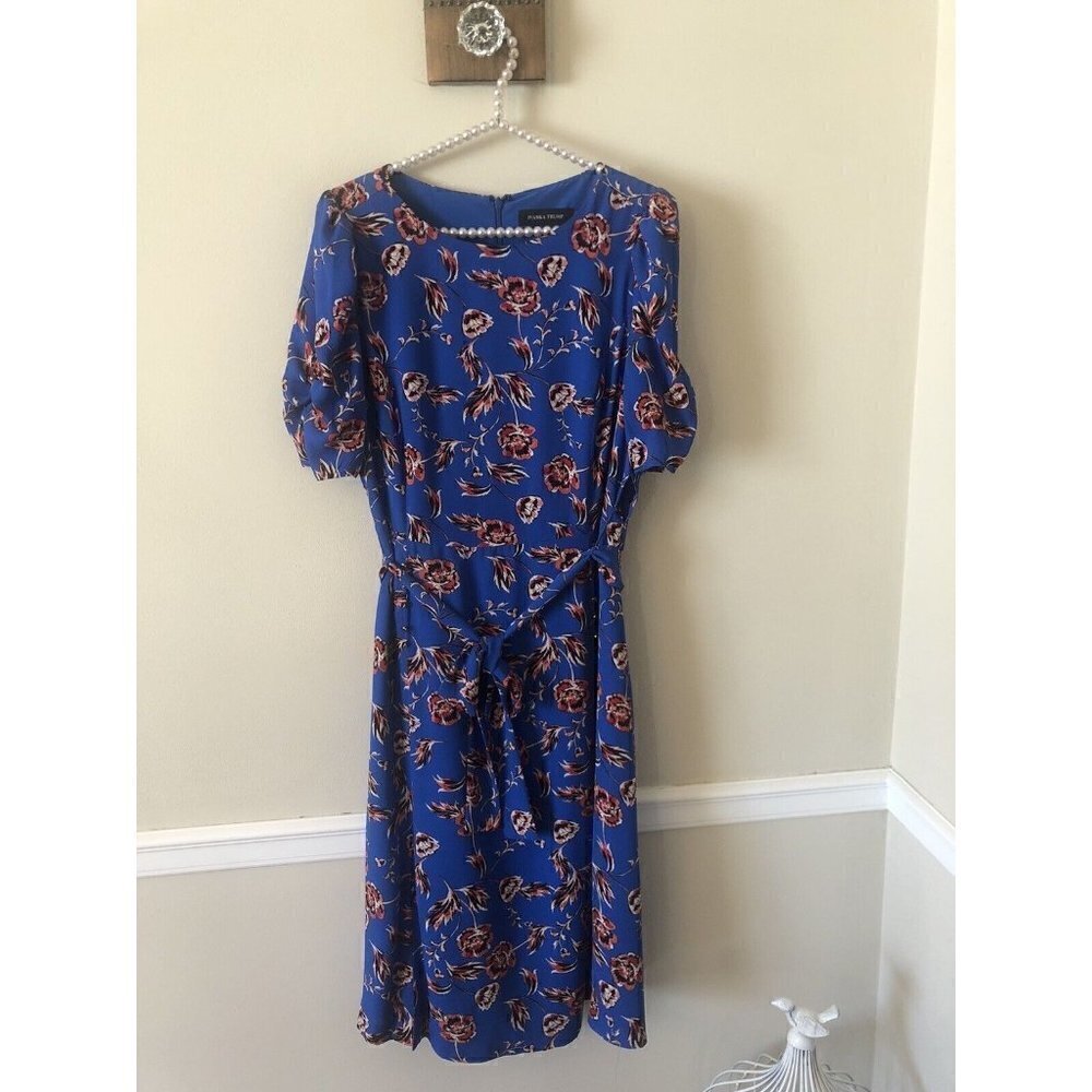 Ivanka Trump Womens Size 6 Blue Floral Dress Short Sleeve Belted